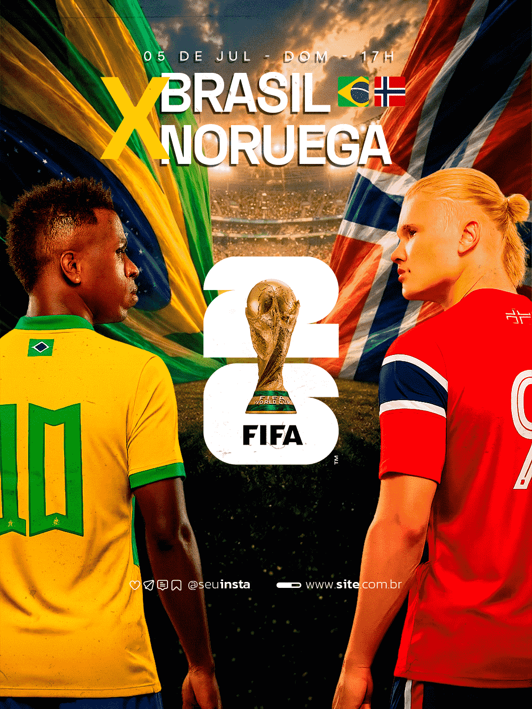 Entre no clima de Brasil x Noruega com uma arte gratuita para divulgar sua marca